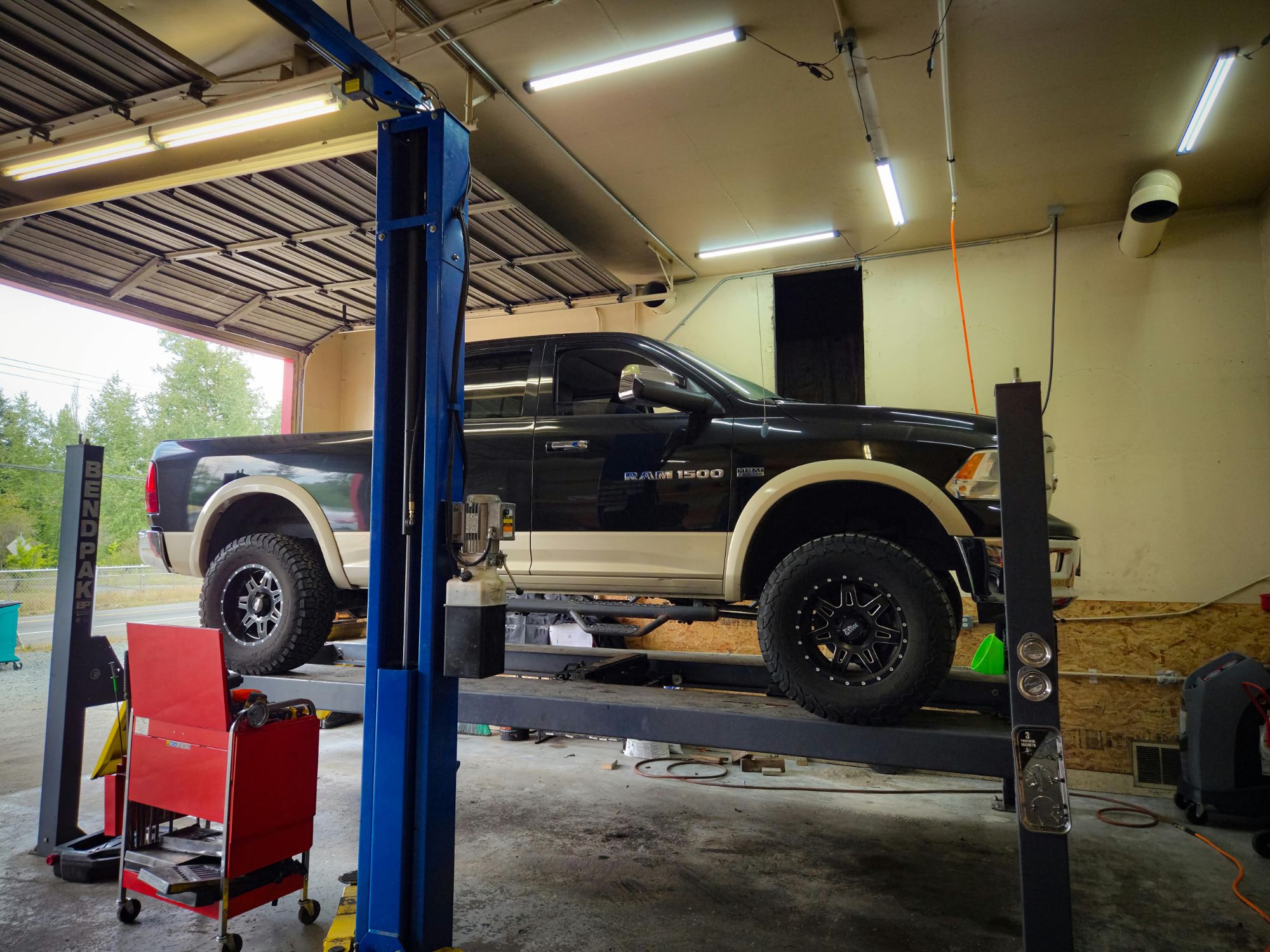 RAM 1500 raised on the two-post lift