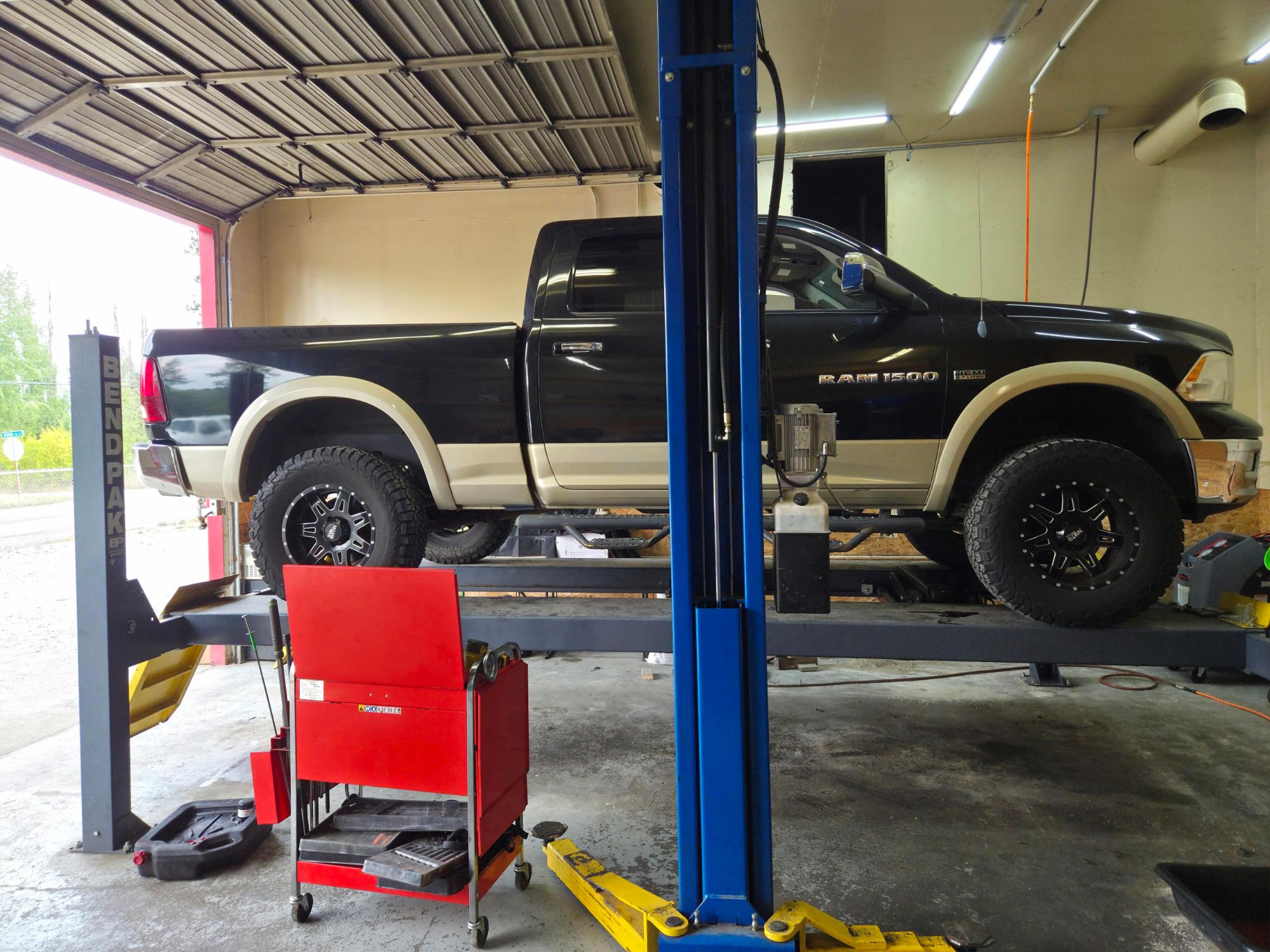 Lifted RAM 1500 on the alignment lift