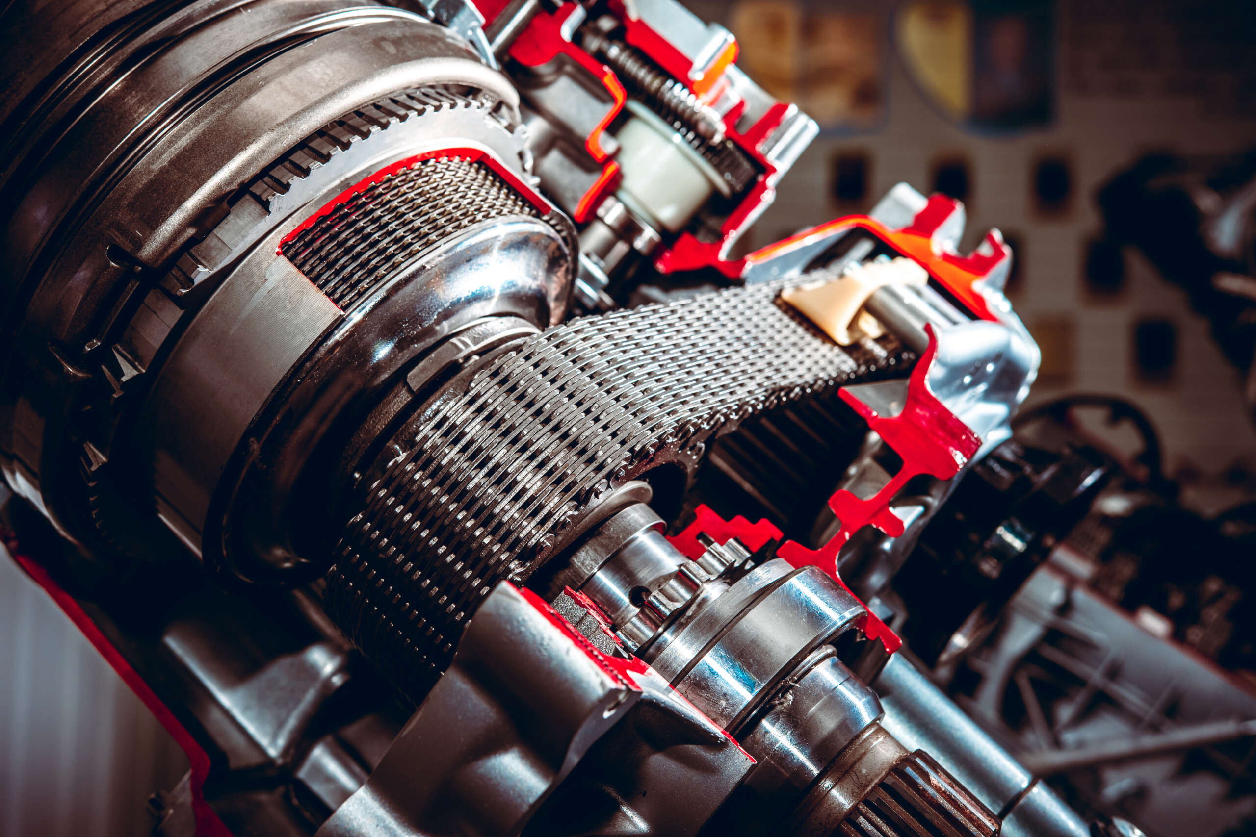 Close-up of a detailed car transmission system highlighting gears and components, relevant to engine and transmission repair services at Auto Star.