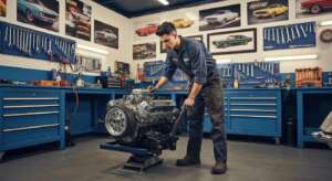 Mechanic working on an engine in an auto repair shop with tools and vintage car posters in the background, illustrating professional vehicle repair services.