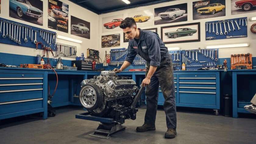 Mechanic working on an engine in a well-equipped auto repair shop with vintage car posters and tools in the background.