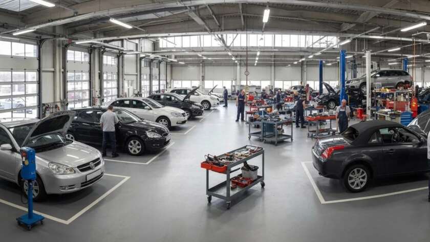 Automotive repair shop interior with multiple vehicles being serviced, technicians working, and repair equipment visible, illustrating the auto repair services offered by Auto Star.
