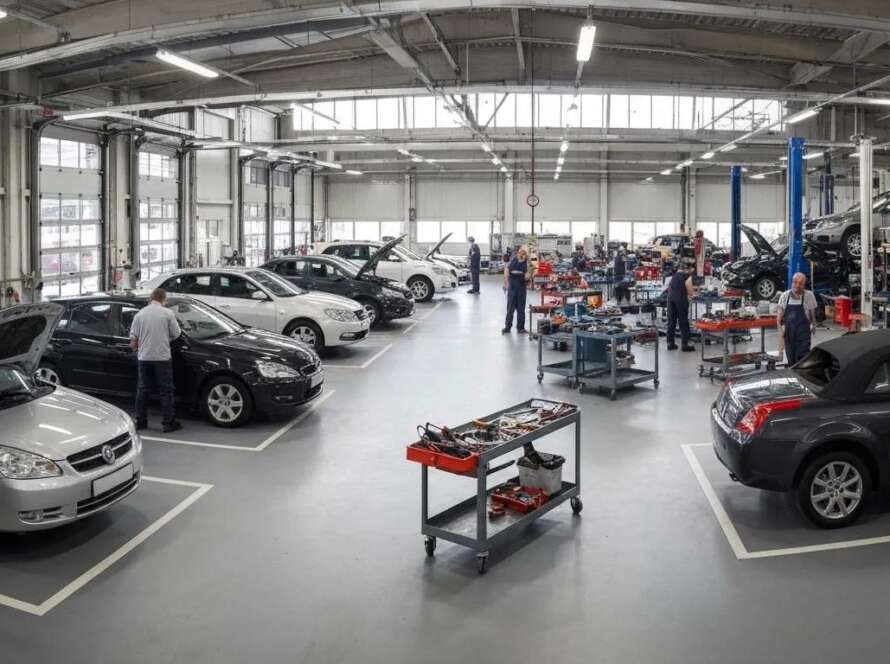 Auto repair shop with dealership and independent mechanics working on vehicles