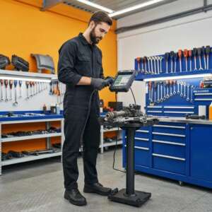 Mechanic using diagnostic equipment in an auto repair shop, surrounded by tools and equipment, illustrating vehicle diagnostics services in Graham, WA.