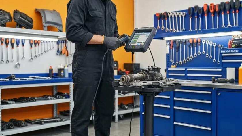 Mechanic using diagnostic equipment on an engine component in a well-equipped auto repair shop, showcasing tools and a professional workspace in Graham, WA.