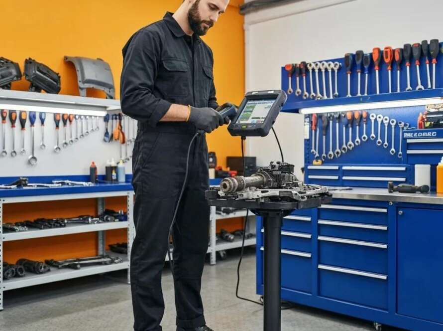 Technician using a car diagnostic tool in an automotive workshop