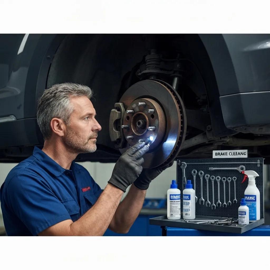 Technician inspecting a car's brake system for diagnostics