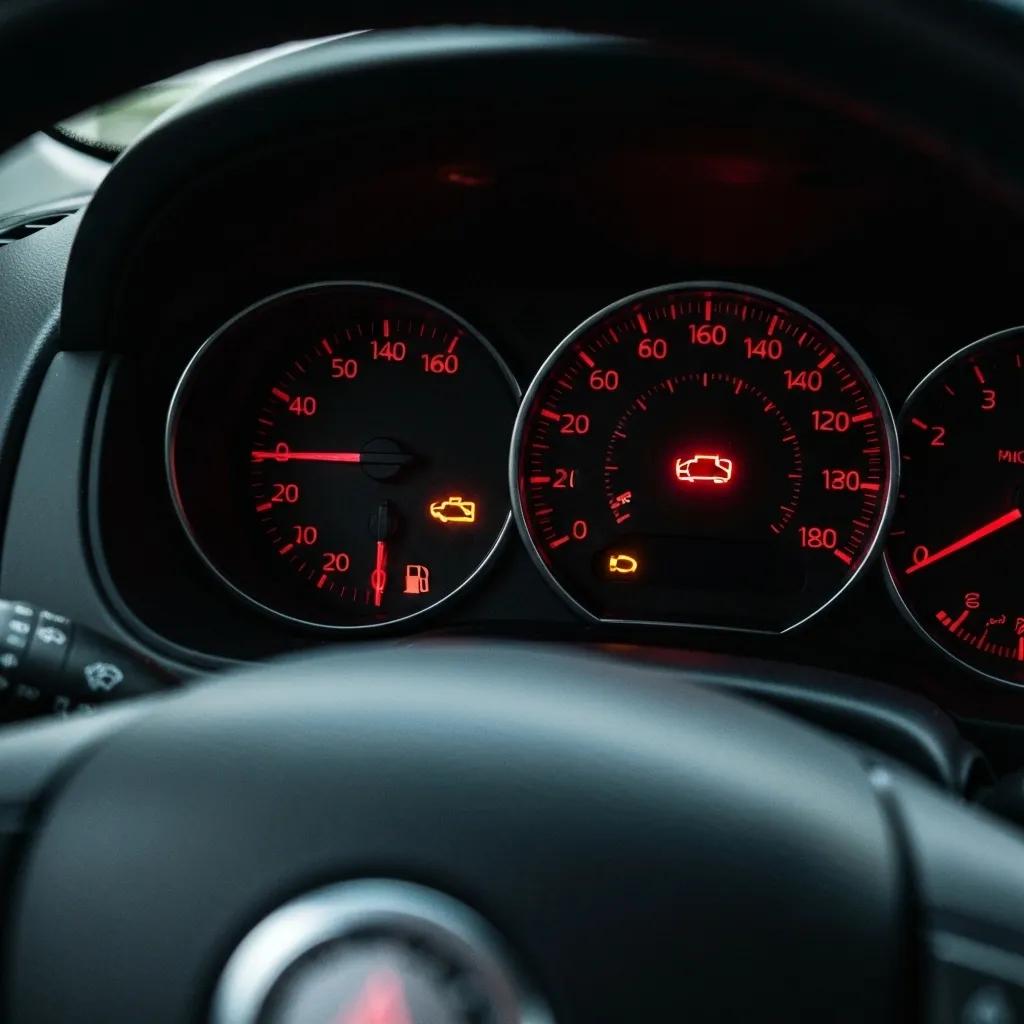 Illuminated check engine light on a car dashboard
