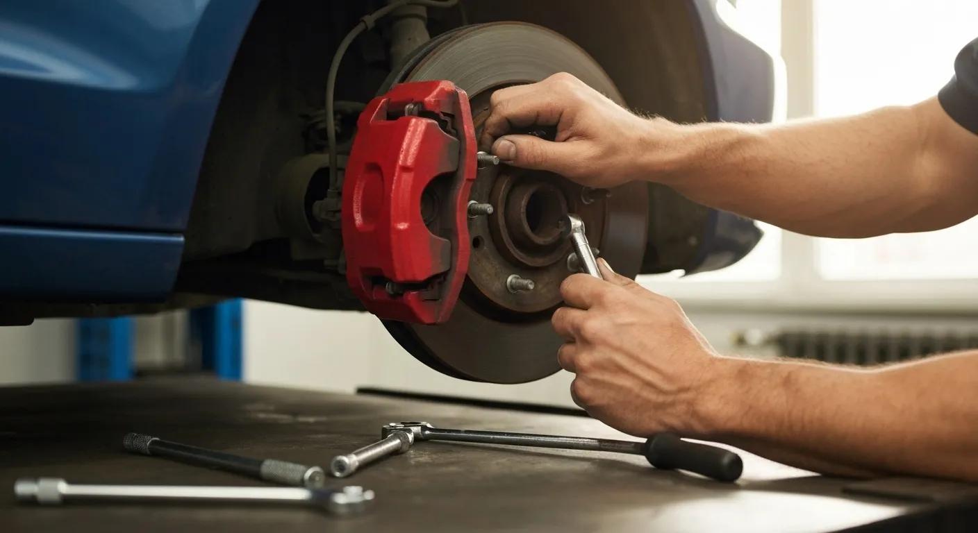 Mechanic working on brake system with red caliper and tools on workbench, illustrating labor costs in auto repair services.