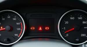 Car dashboard with glowing check engine light, emphasizing vehicle maintenance urgency