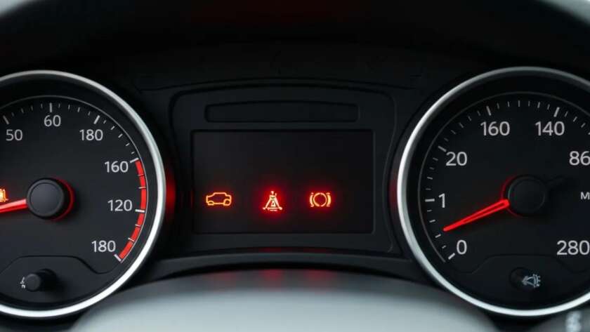 Car dashboard displaying warning lights for check engine, hazard, and brake system, relevant to auto repair and diagnostics in Graham, WA.