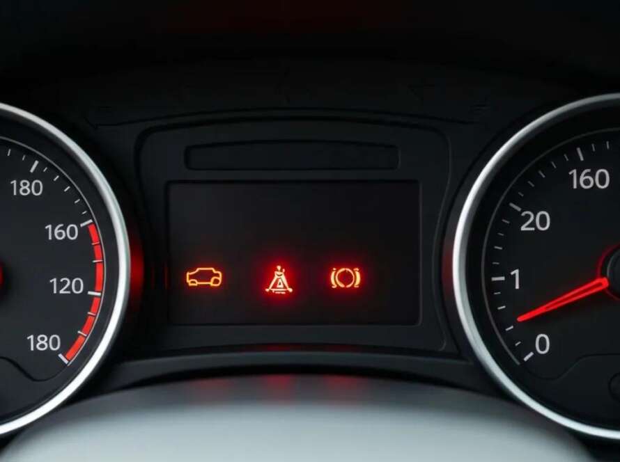 Car dashboard with glowing check engine light, emphasizing vehicle maintenance urgency
