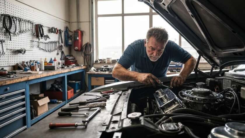 Mechanic working on a car engine in an auto repair shop, surrounded by tools and equipment, illustrating expertise in vehicle maintenance.