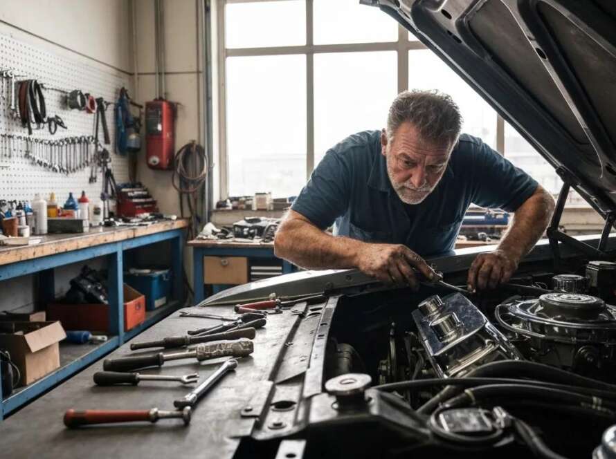 Mechanic inspecting a car engine in a local auto repair shop