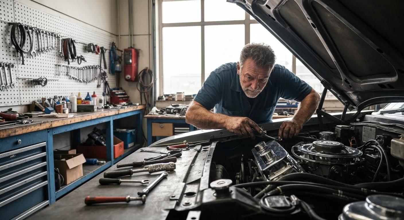Mechanic working on a car engine in an auto repair shop, surrounded by tools and equipment, illustrating the hands-on service aspect of auto repair costs.