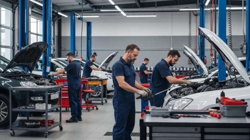 Auto repair technicians working on vehicles in a modern garage, showcasing service quality and technician expertise relevant to auto repair and maintenance.