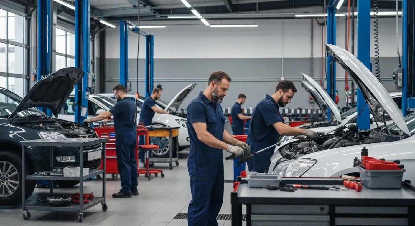 Auto repair technicians working on vehicles in a modern garage, highlighting the importance of quality service and transparency in auto repair.