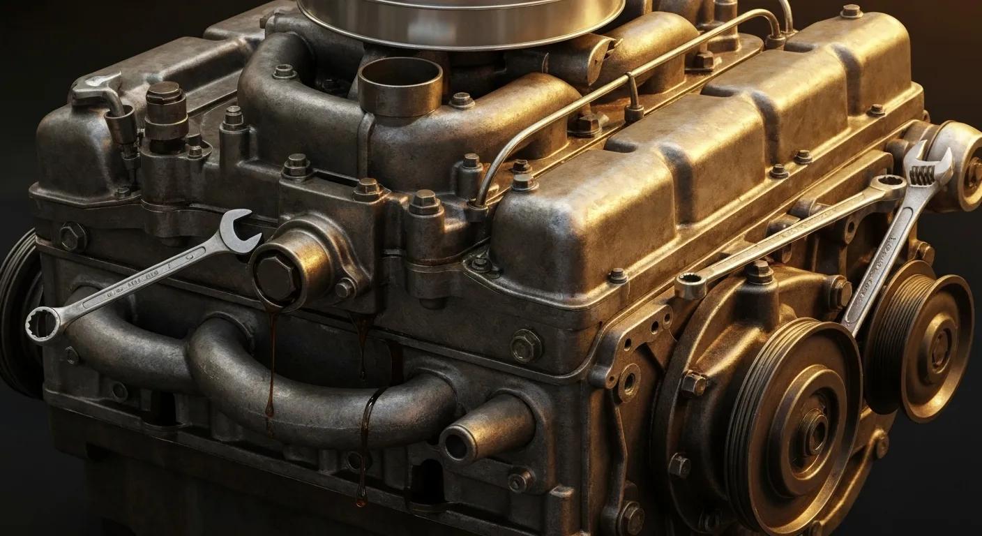 Close-up of a car engine showing signs of wear and oil leaks, emphasizing early detection of engine problems