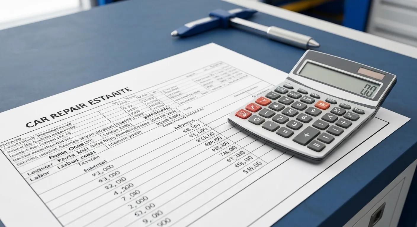 Car repair estimate document with detailed costs and calculator, illustrating the breakdown of expenses for car repairs and diagnostics.