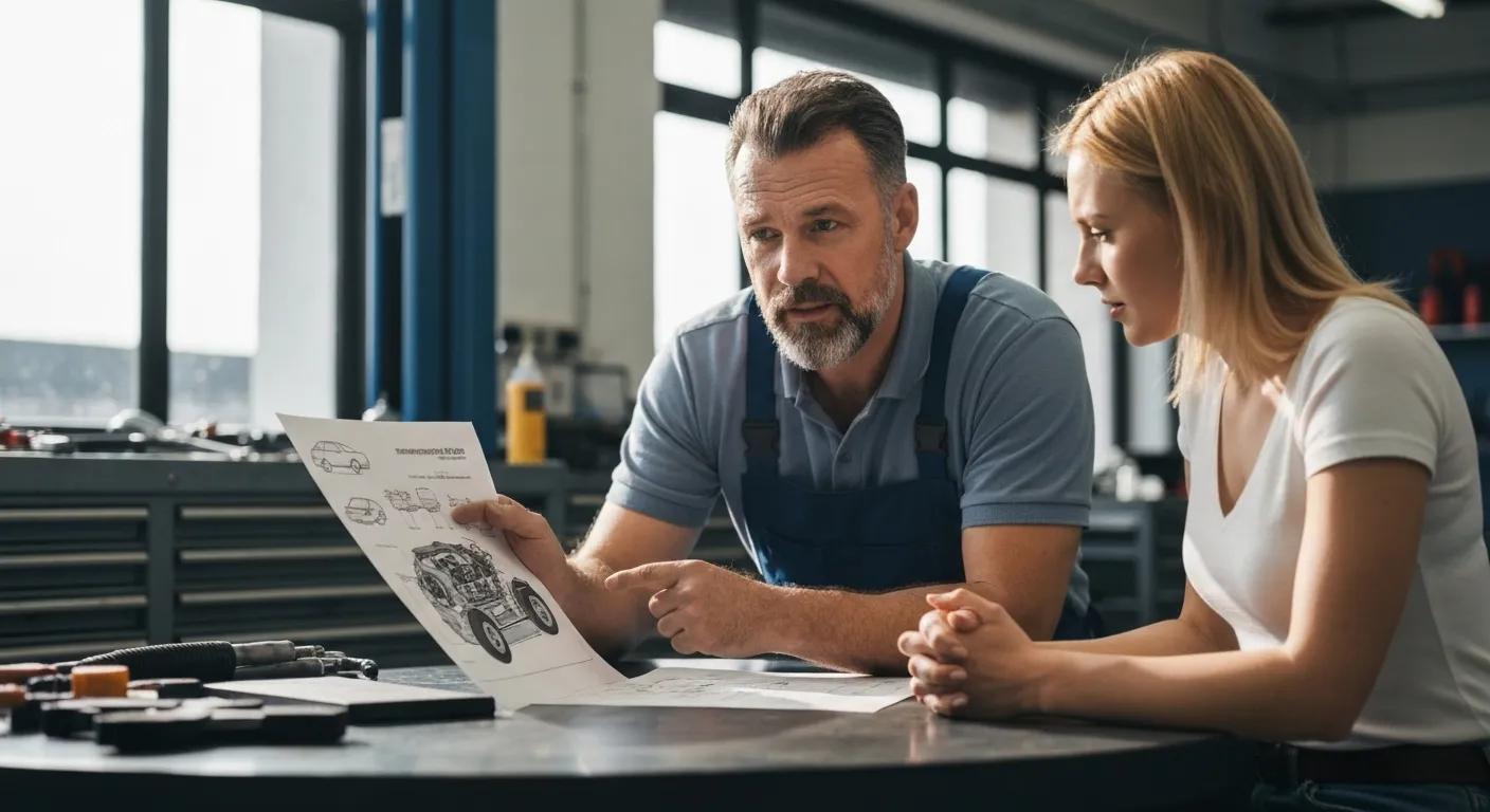 Mechanic explaining vehicle repair details to a customer, discussing maintenance strategies and repair estimates in an auto shop setting.