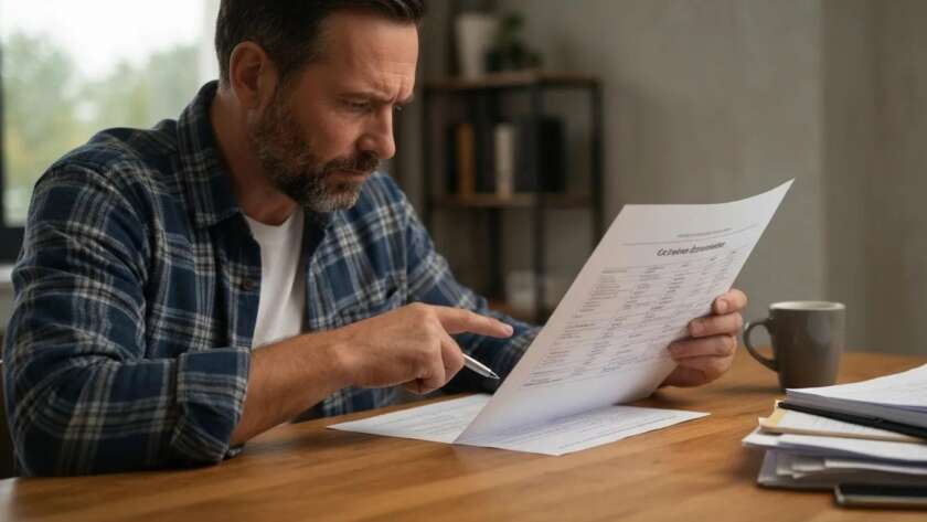 Man reviewing paperwork with a pen, focused on details, in a cozy workspace setting, illustrating the importance of thoroughness in auto repair decisions.