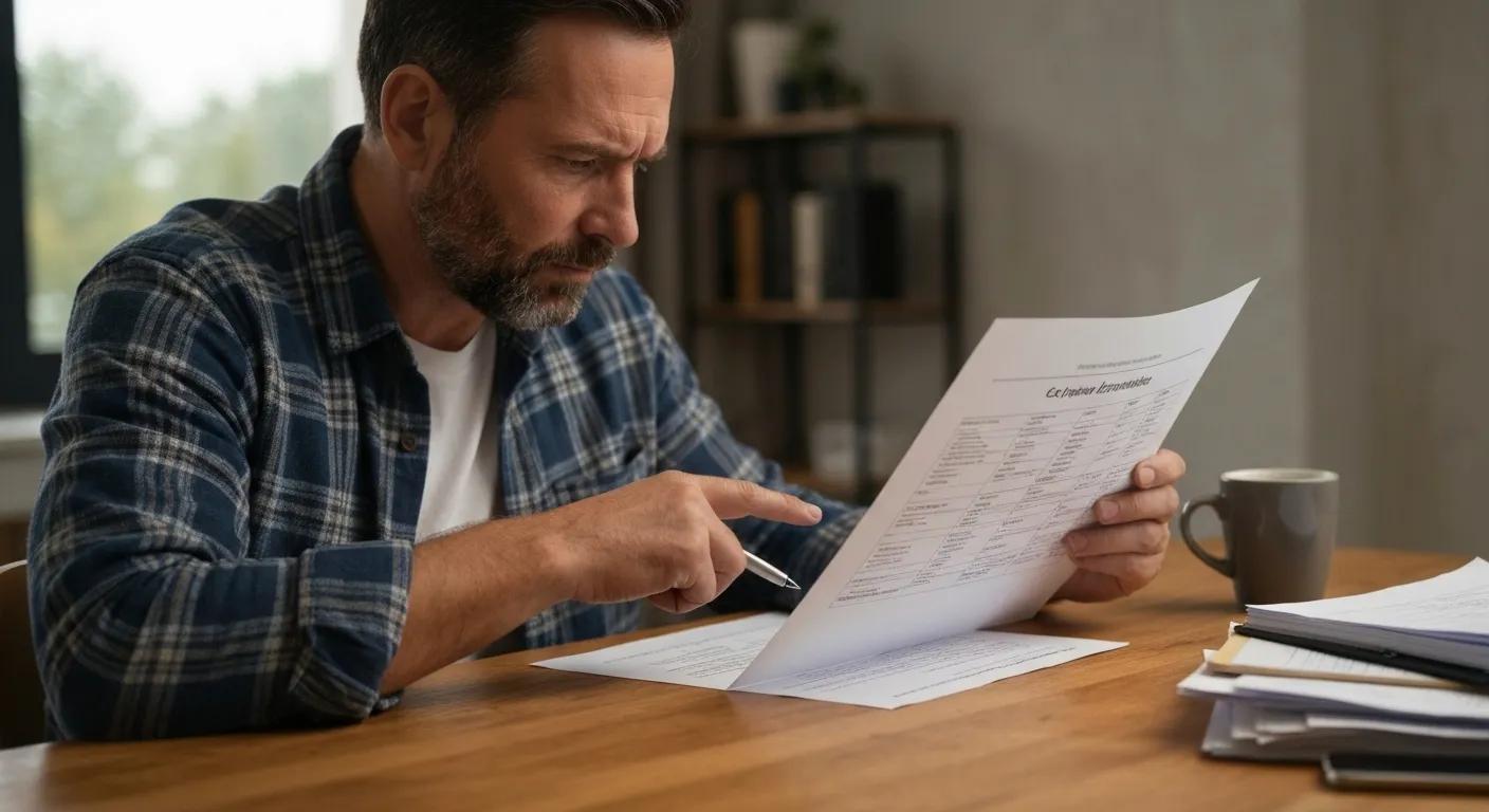 Man reviewing a document with car repair estimates, emphasizing decision-making on unexpected car diagnosis costs, with a coffee mug and papers on a wooden table.