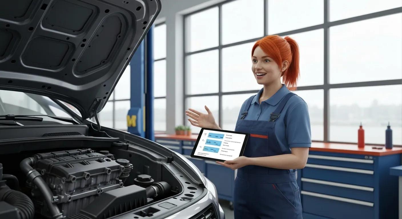 Mechanic explaining transparent pricing to a customer in a well-lit auto repair garage