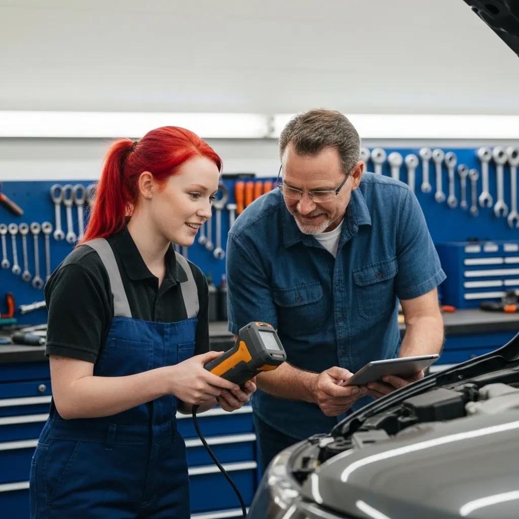 Mechanic diagnosing a vehicle issue and explaining findings to a customer in Graham, WA