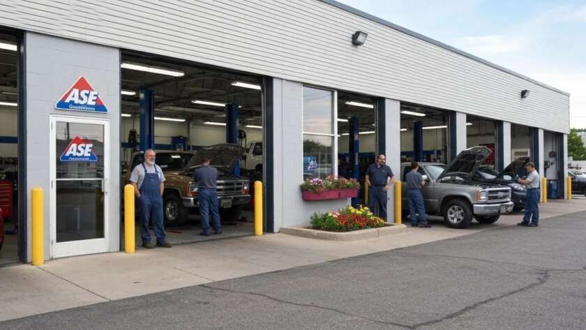 Auto repair shop exterior with ASE-certified mechanics working on vehicles, showcasing trust and professionalism
