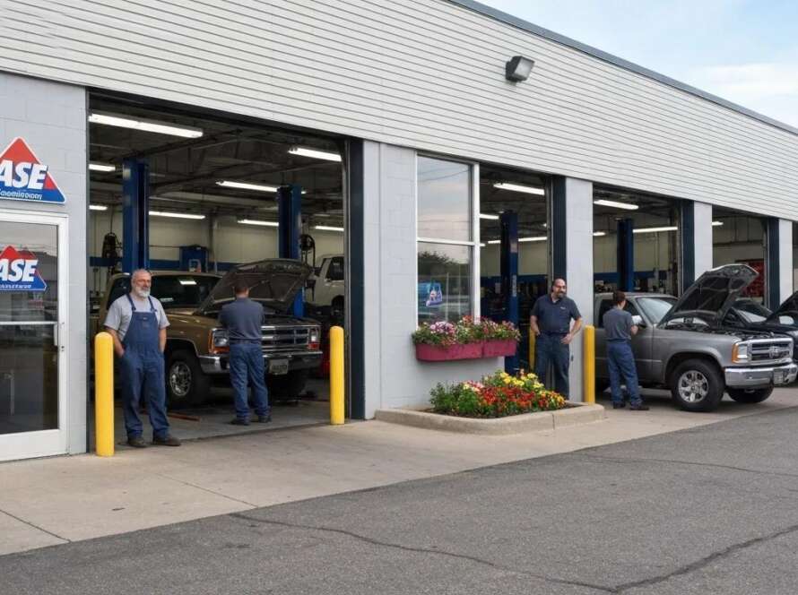 Auto repair shop exterior with ASE-certified mechanics working on vehicles, showcasing trust and professionalism