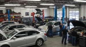 Auto repair shop in Graham, WA with mechanics working on vehicles and customers engaging with technicians