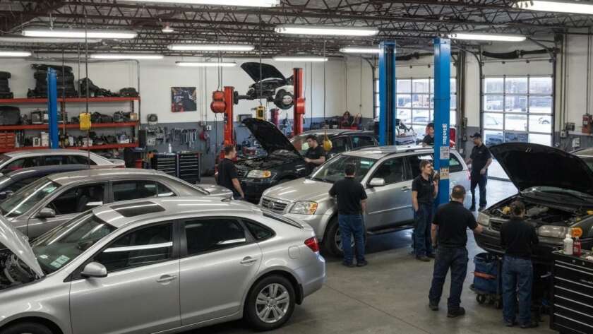 Auto repair shop interior with multiple vehicles, technicians servicing cars, and equipment, illustrating automotive repair services in Graham, WA.