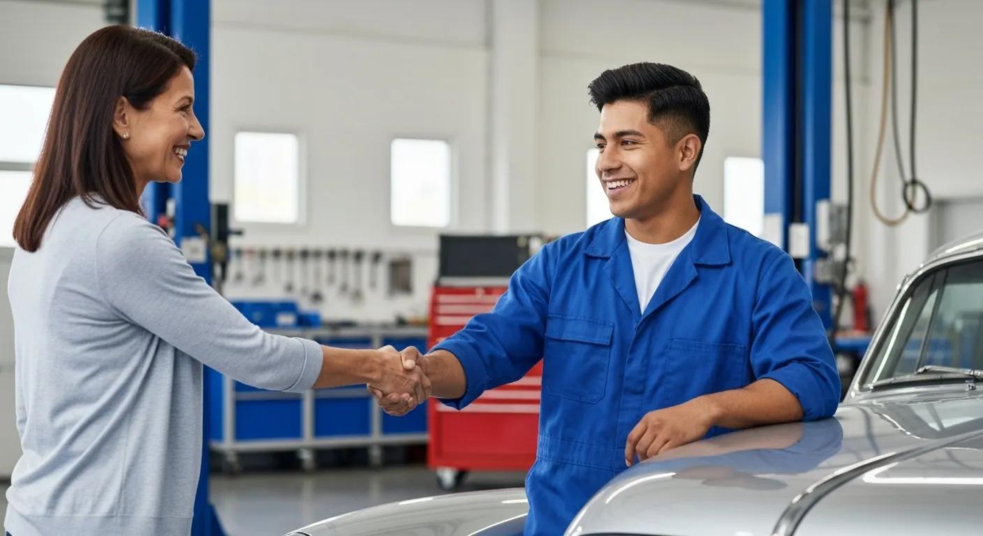 Satisfied customer shaking hands with a mechanic, highlighting trust and positive service experience